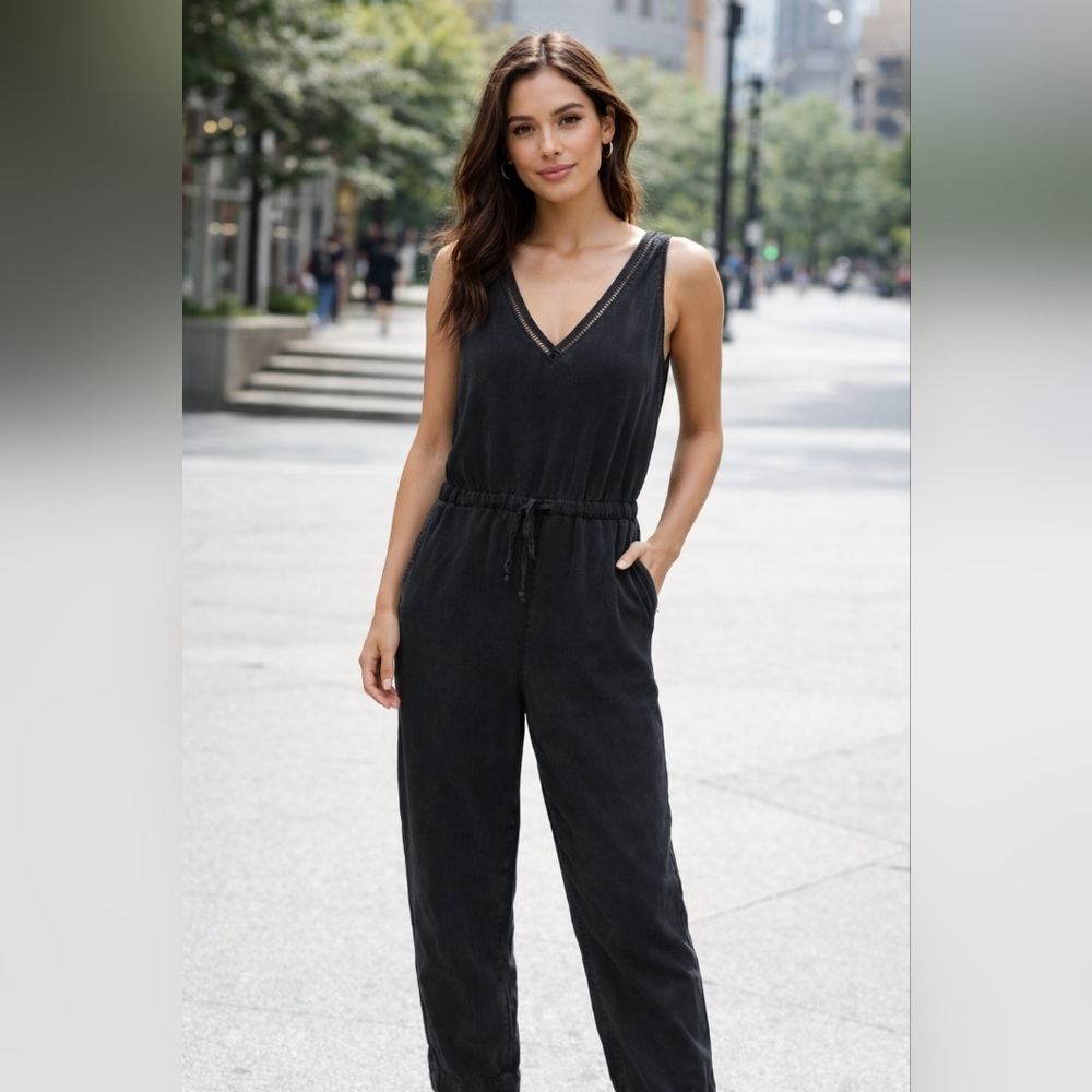 Cloth & Stone XS Grey/Black Cotton Sleeveless Tie Waist Jumpsuit